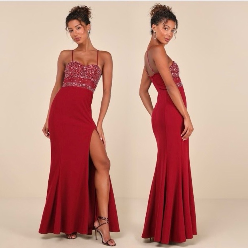Lulus Luxe Allure Beaded Rhinestone Bustier Maxi Dress, Wine Red, Size XXS